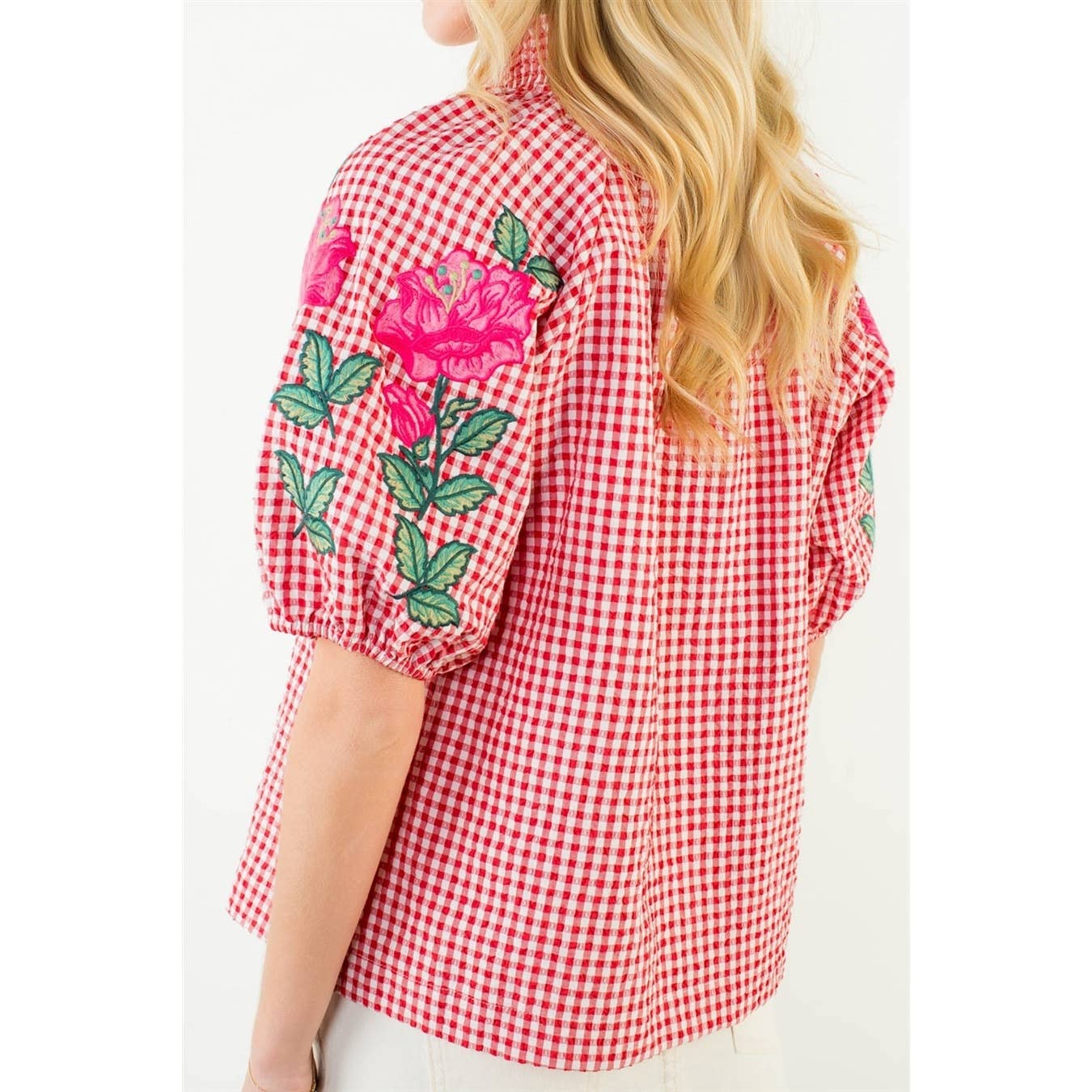 Embroidery Detail Puff Sleeve Gingham V-Neck Top