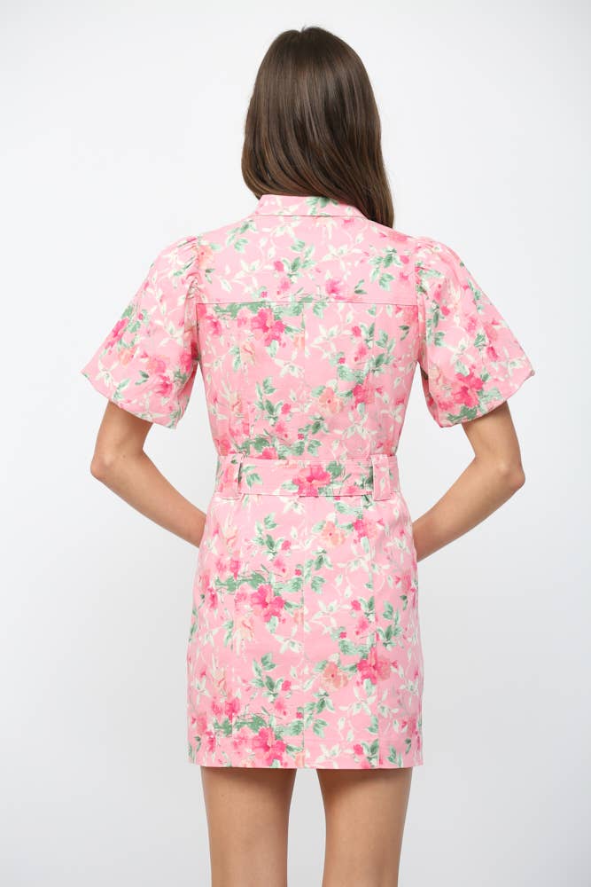 FLORAL PRINT BELTED  BUTTON DOWN MINI DRESS FD30553