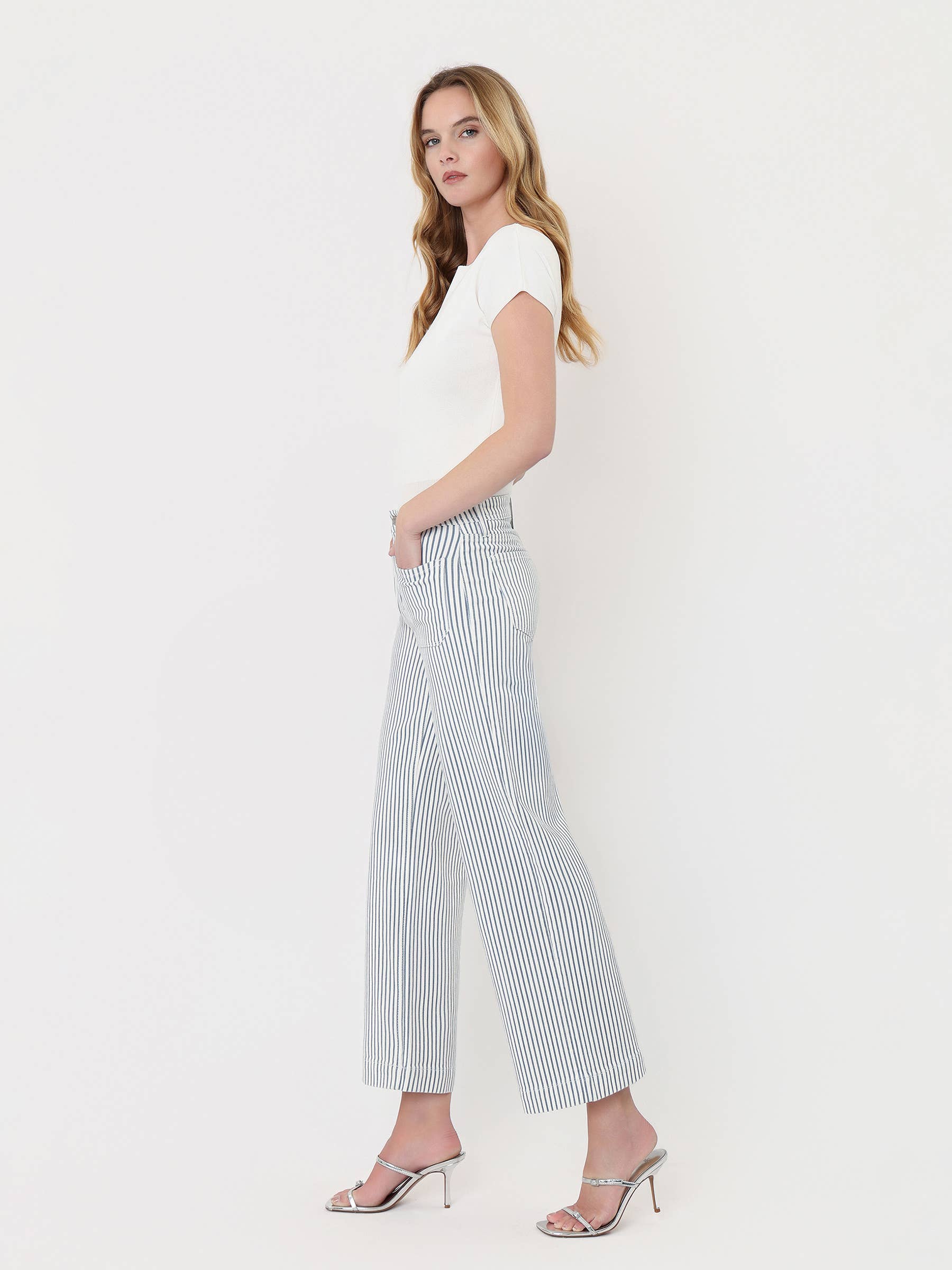 HIGH RISE PATCH POCKET CROP STRIPED WIDE LEG JEANS LV2292STR