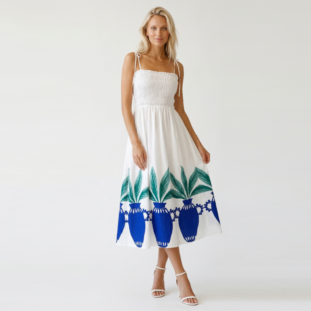 Mediterranean Muse Smocked Cotton Midi Dress - LWD3399