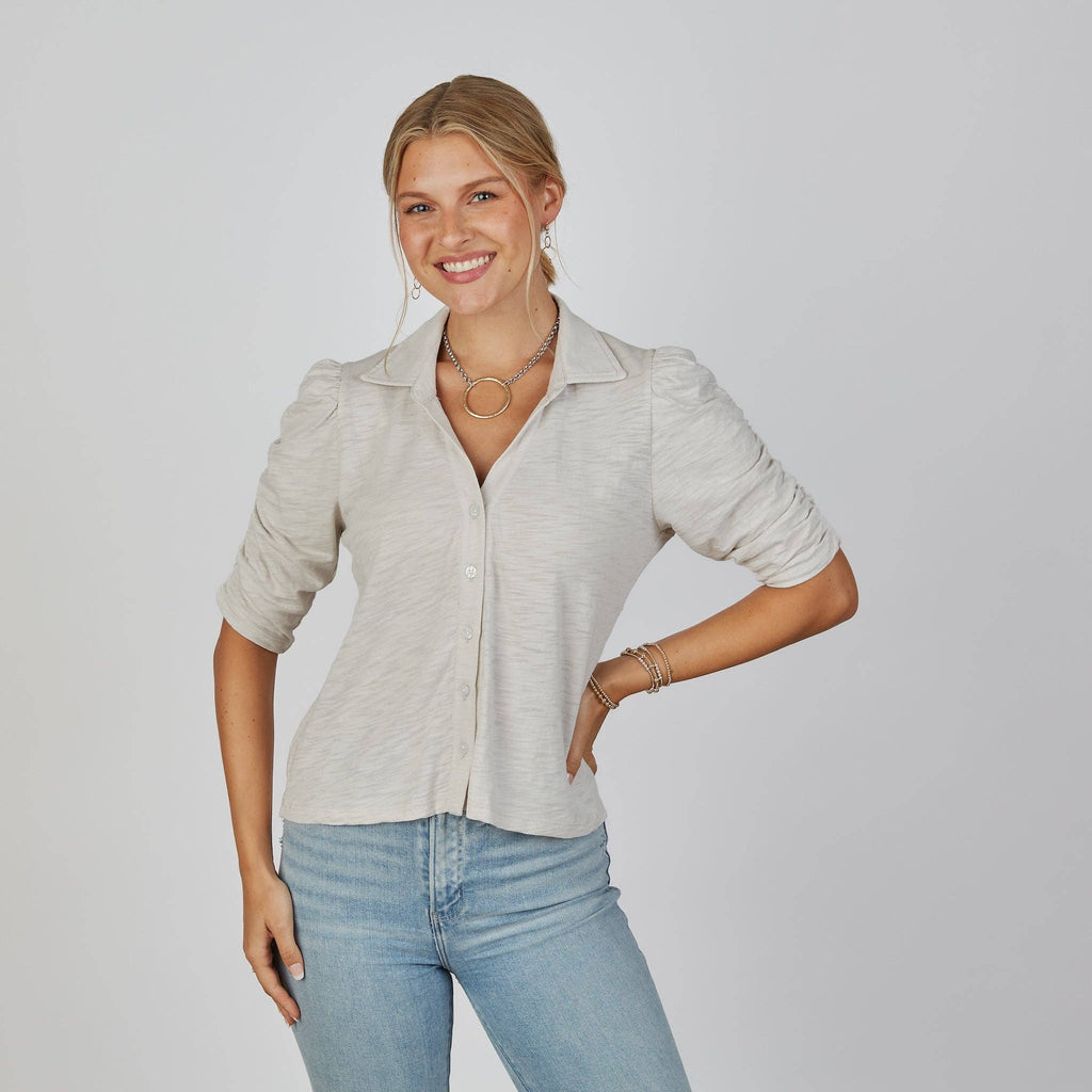 Grace Button-Up Elbow-Length Tee in Oyster