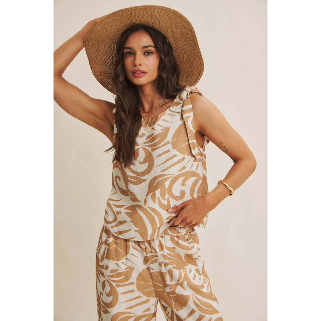 EURO SUMMER ISLAND FOLIAGE CLEAN NECK TOP WITH TIE STRAPS