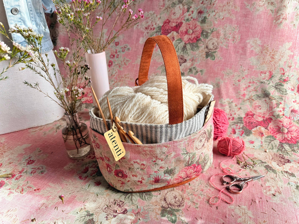 Rosewood Caddy– Handmade USA Floral Yarn & Notions Organizer, Atenti Project Bag