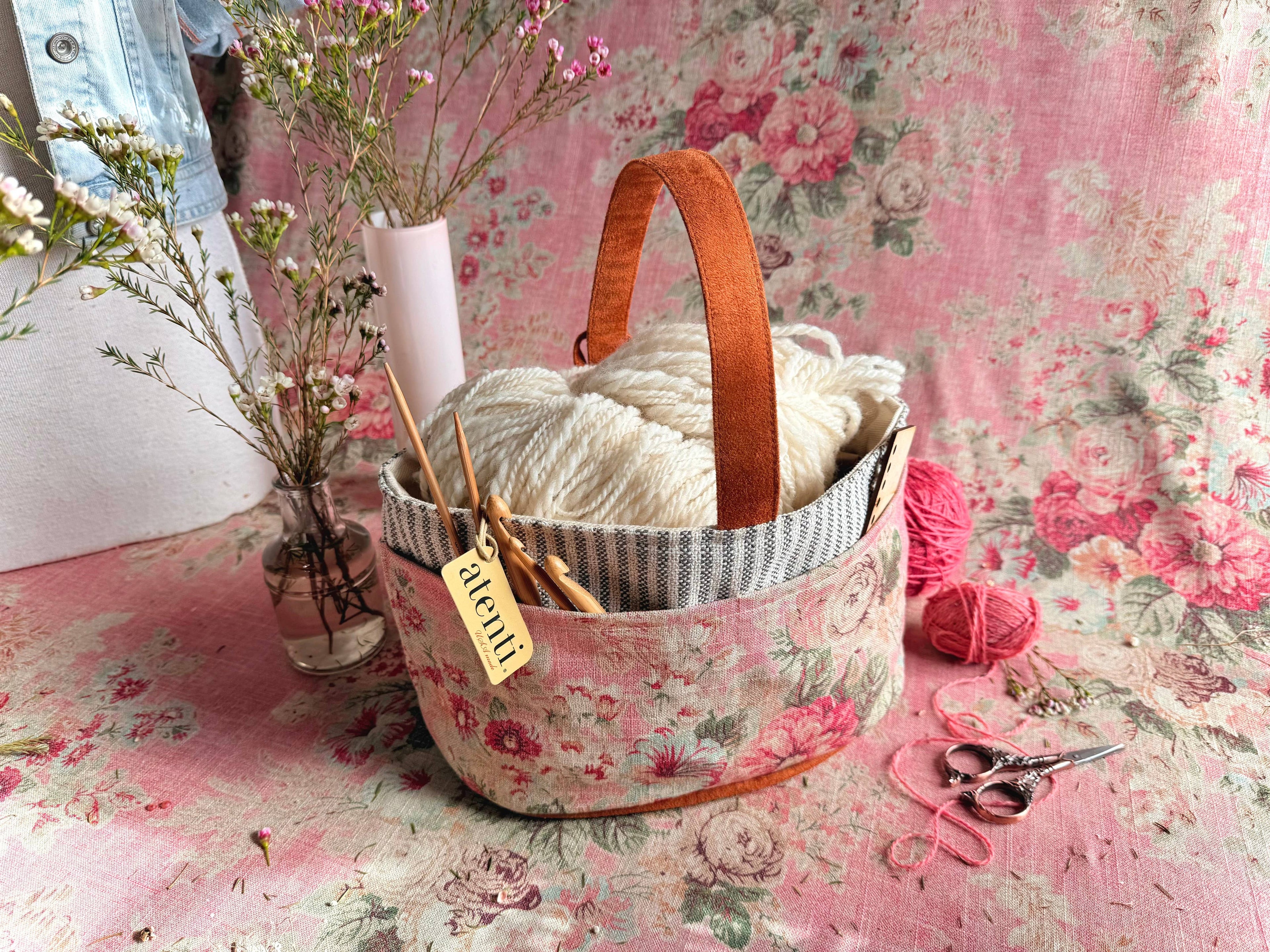 Rosewood Caddy– Handmade USA Floral Yarn & Notions Organizer, Atenti Project Bag