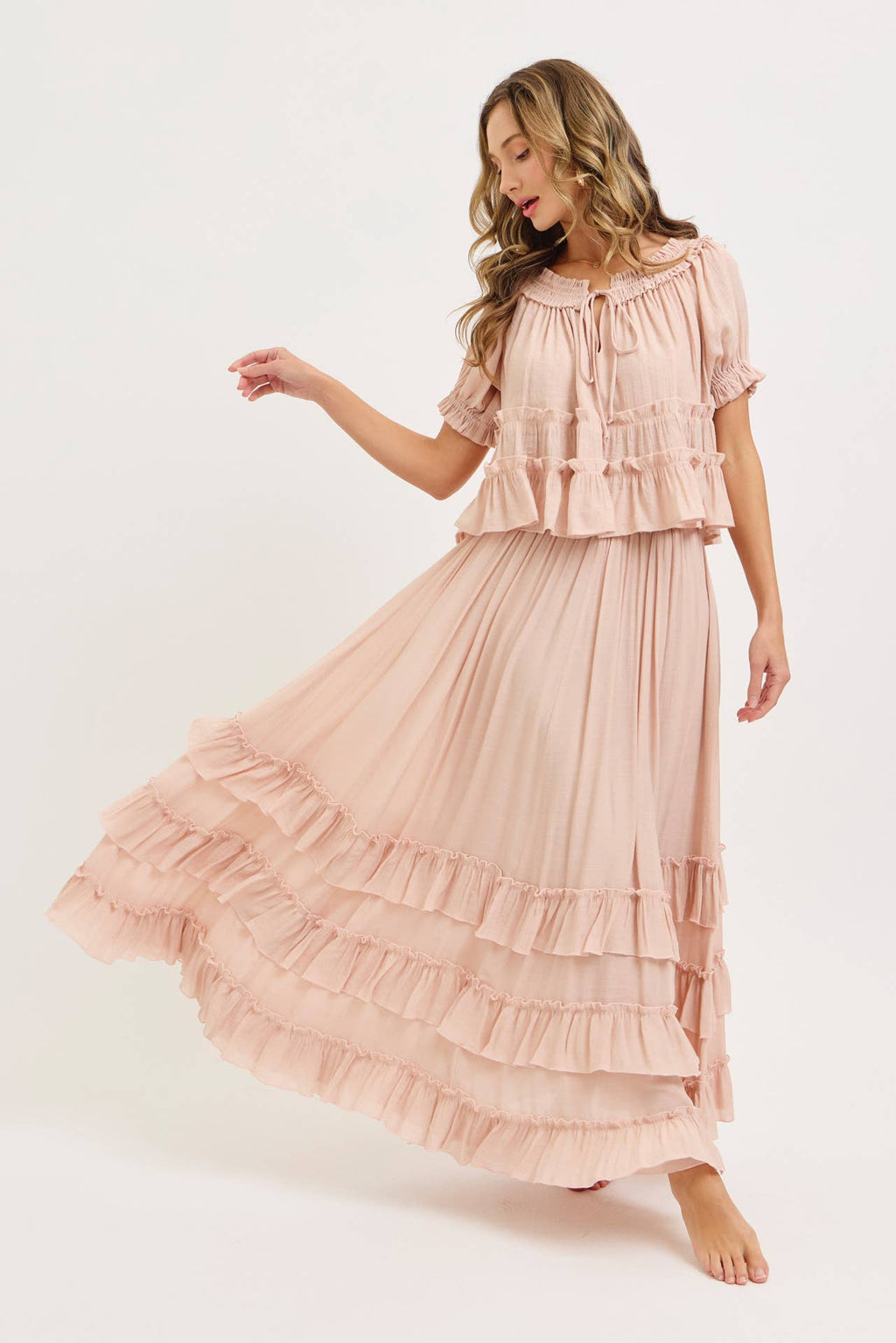 EASY FLOWY TIERED RUFFLE MAXI SKIRT