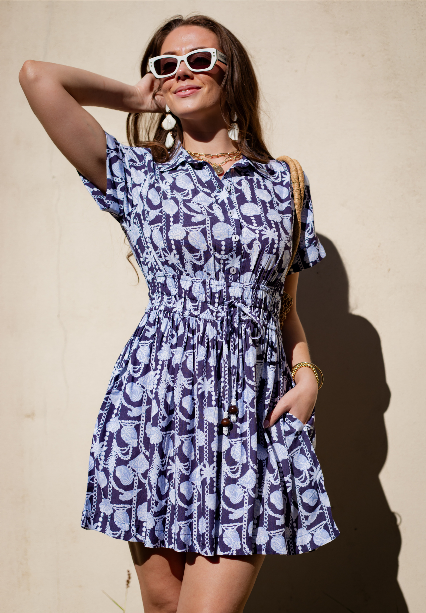 Short-Sleeve Rose Dress Cinched Waist With Pockets