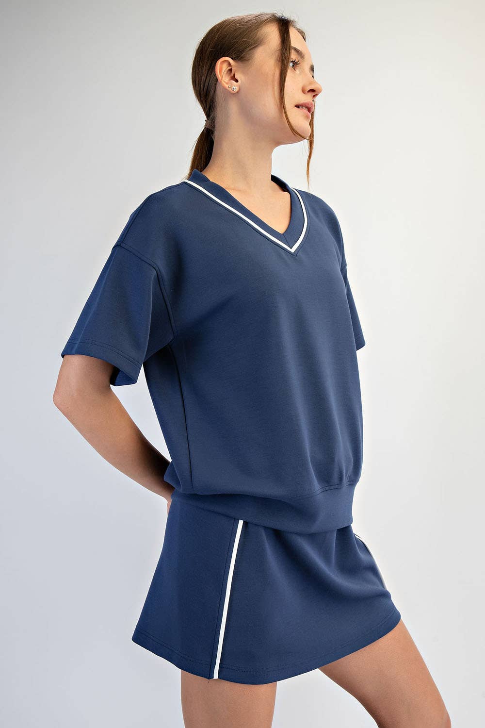 MODAL SCUBA V NECK FLAT PIPING SHORT SLEEVE TOP