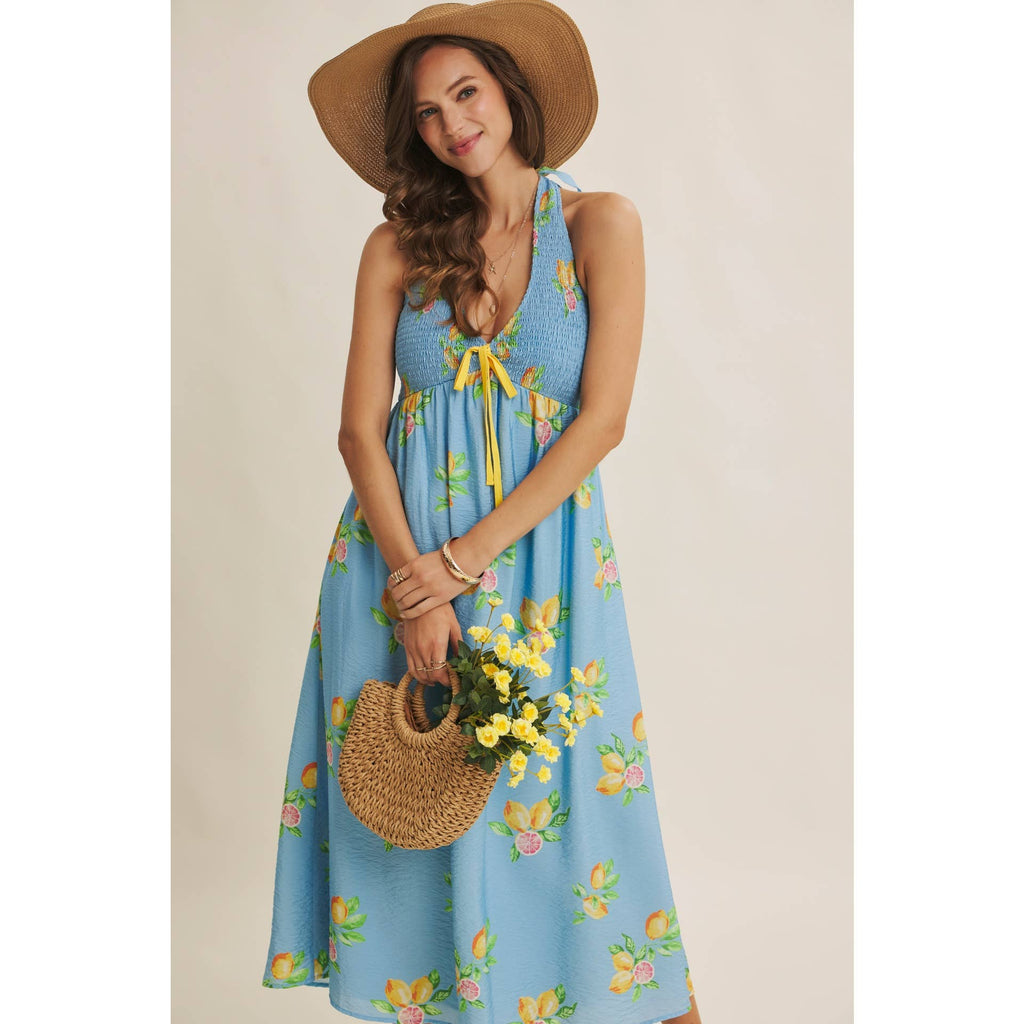 AMALFI COAST VIBE SMOCKED FLARE HALTER LEMON MIDI DRESS
