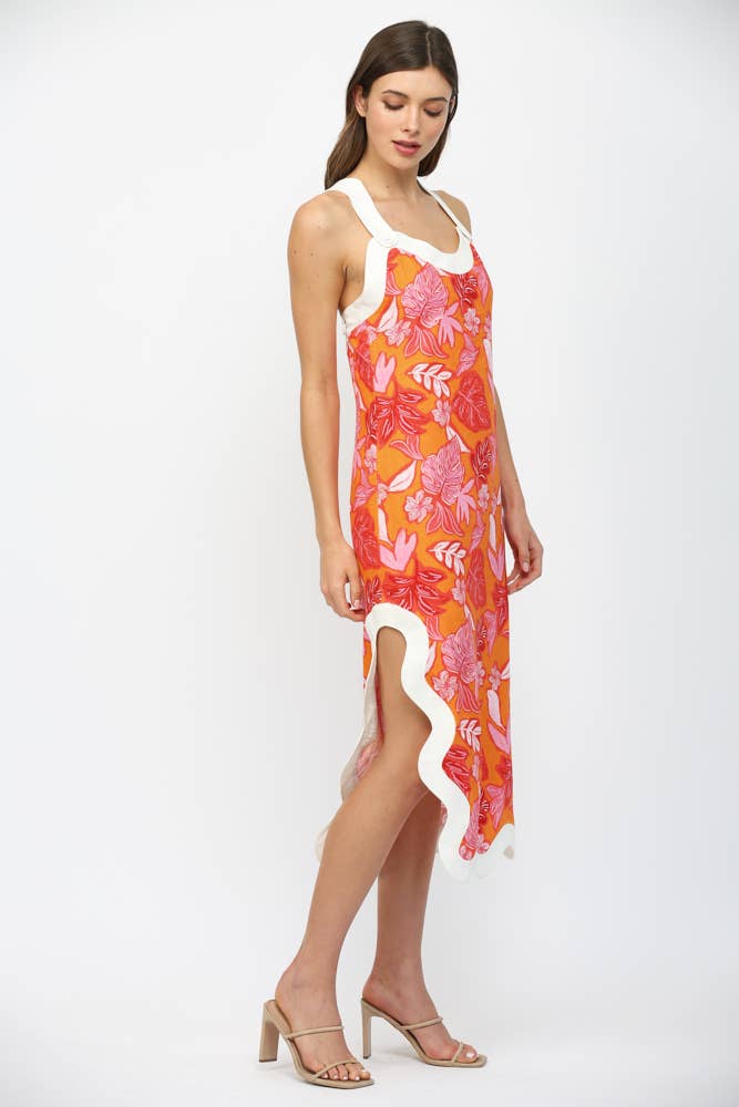 WAVY EDGE TROPICAL PRINT LINEN BLEND SLVL MIDI DRESS FD35906