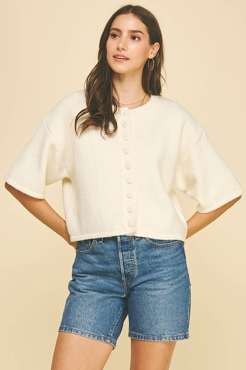 BUTTON DOWN SHORT SLEEVE SWEATER - 6752W