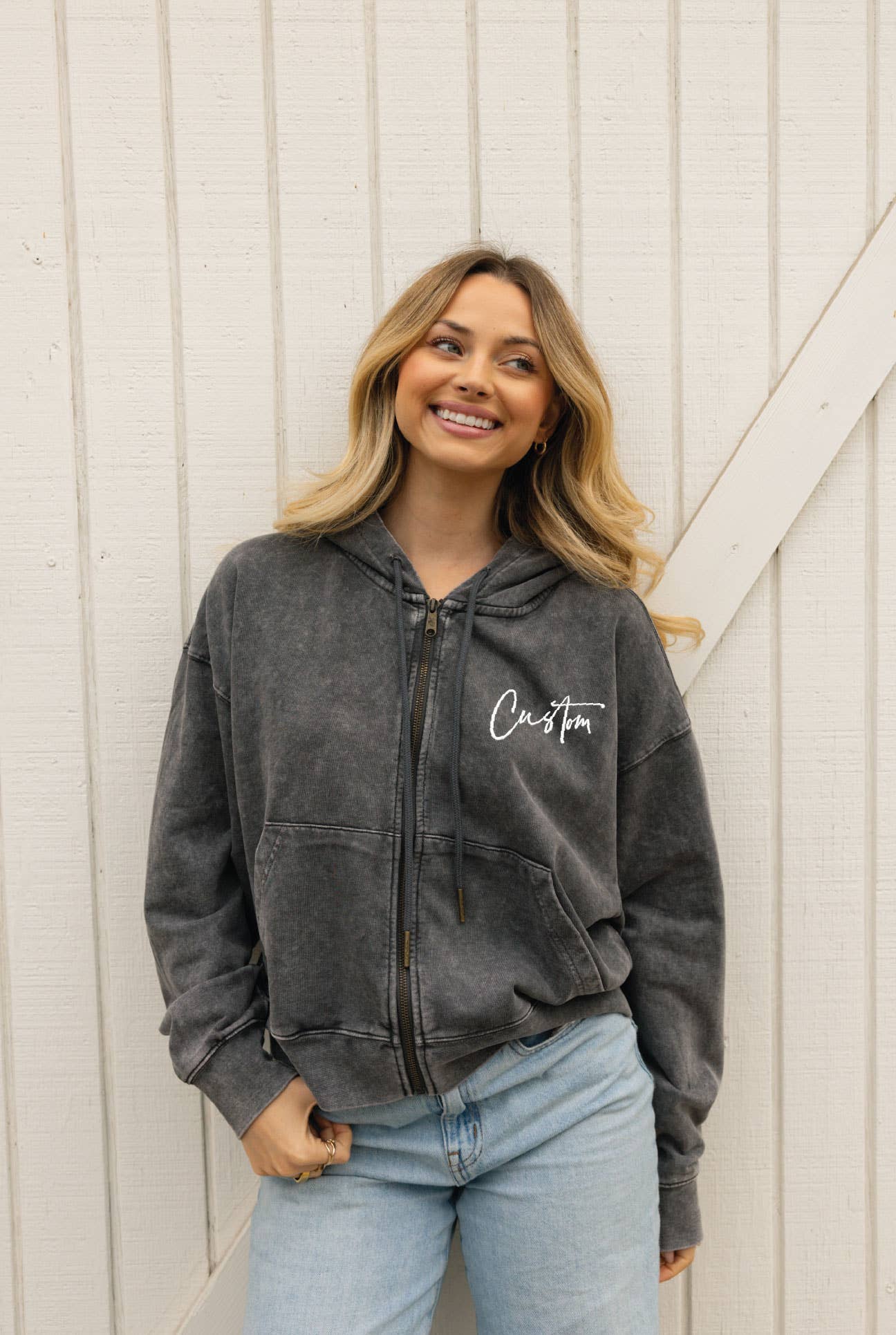 CUSTOM EMBROIDERED Cropped Mineral Zipper Hooded