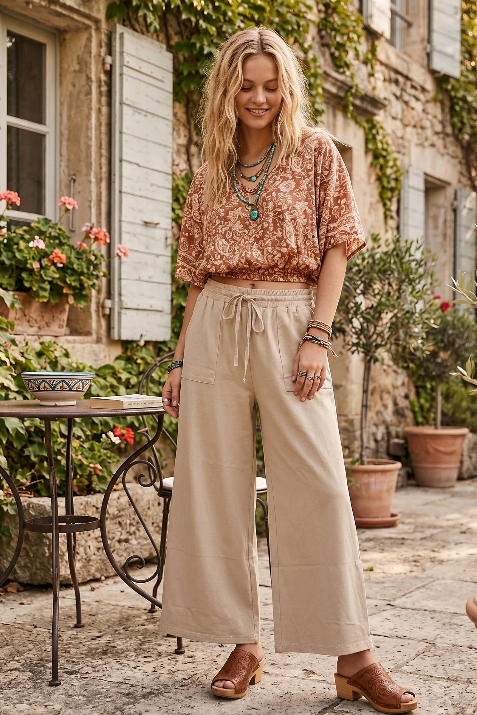 Relaxed Wide Leg Drawstring Knit Pants