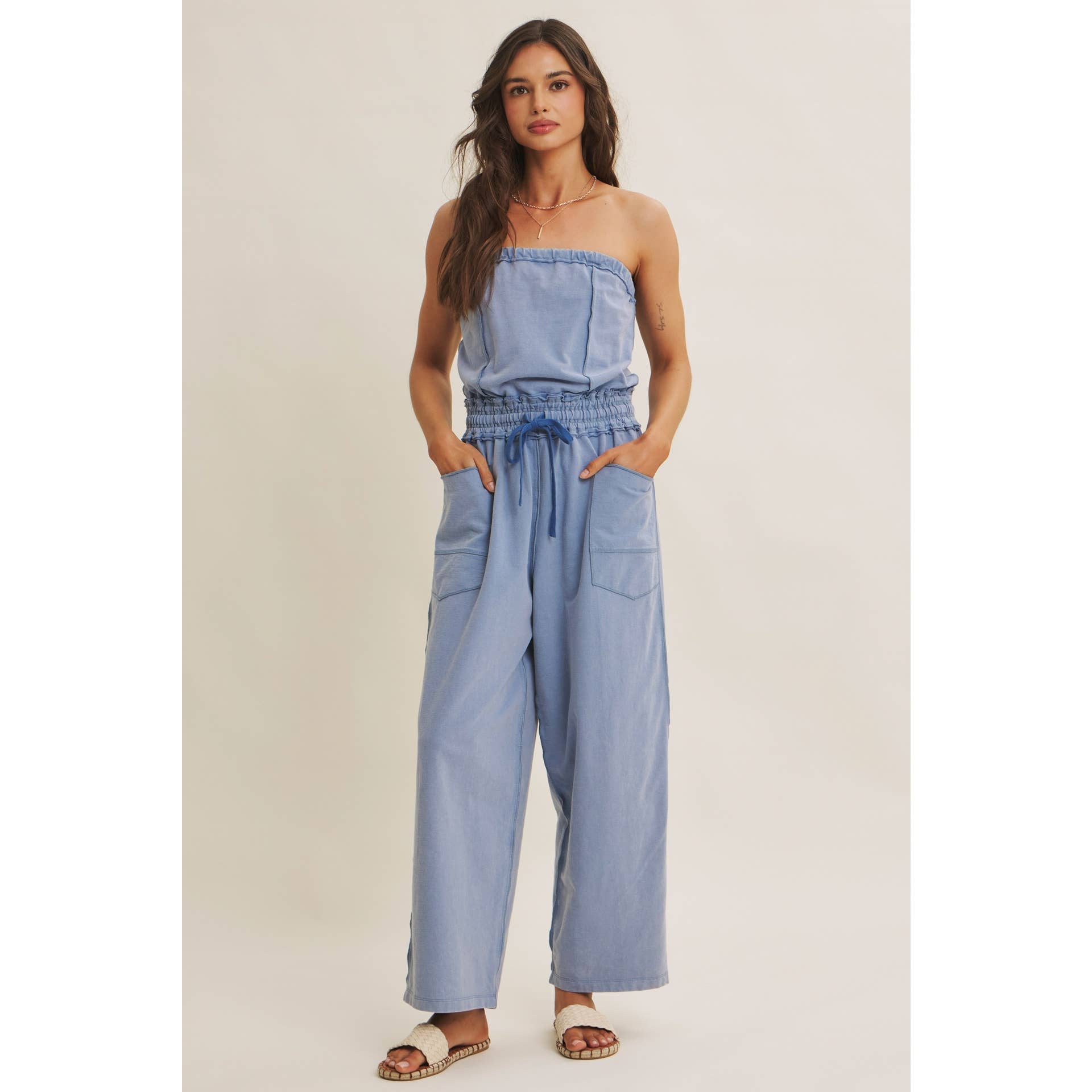BEACH TOWN WEEKEND MINERAL-WASHED STRAPLESS JUMPSUIT