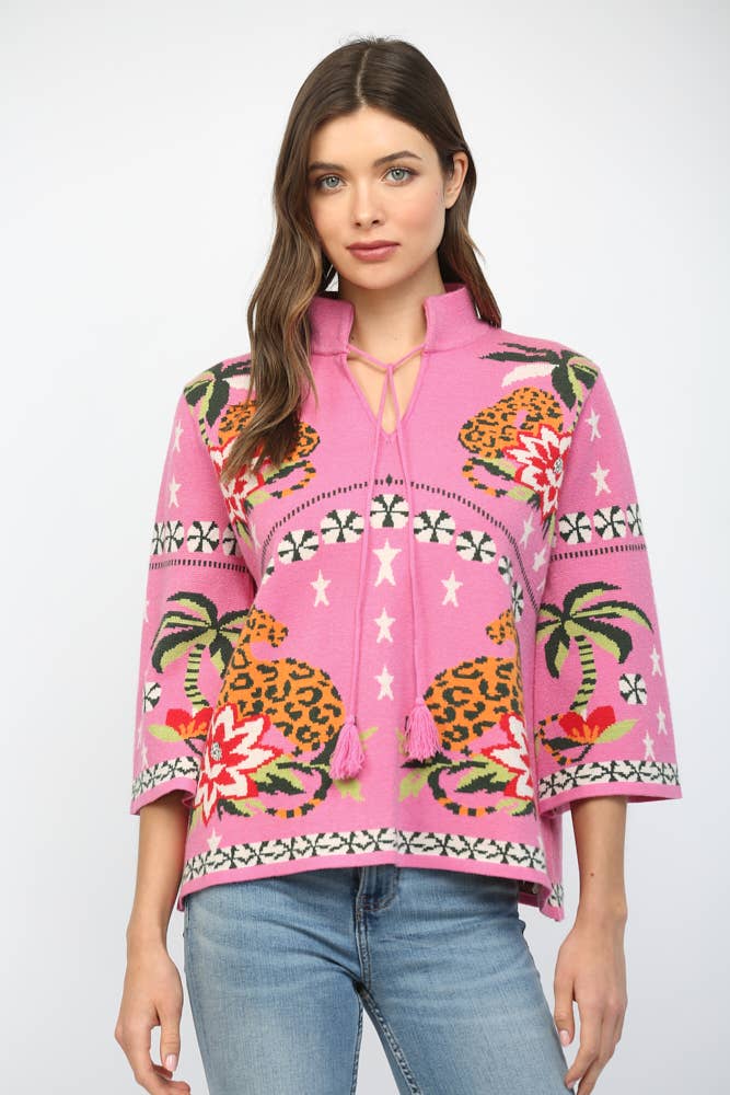 FRONT NECK TIE PRINT KNIT SWEATER FW10530