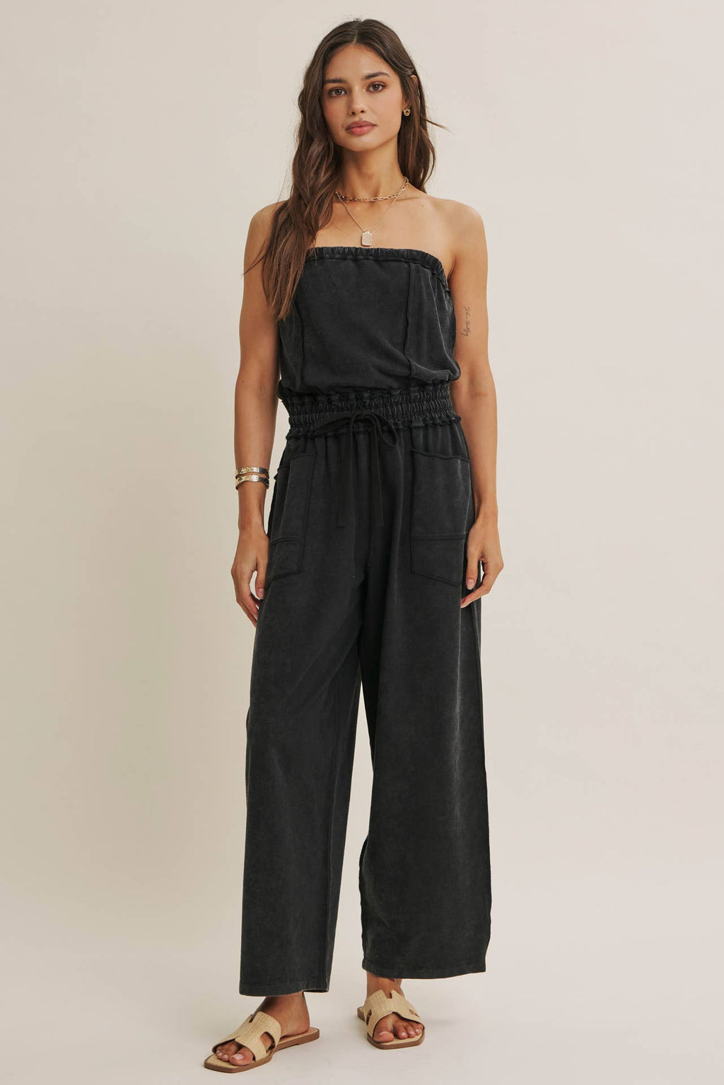 BEACH TOWN WEEKEND MINERAL-WASHED STRAPLESS JUMPSUIT