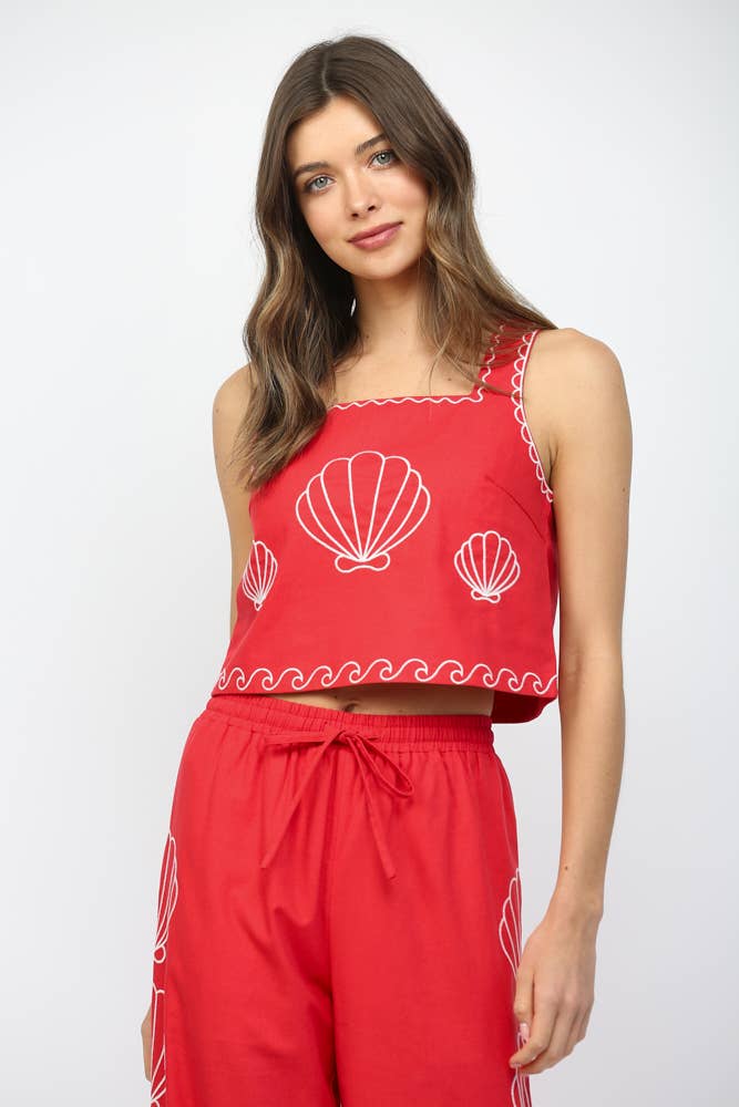 SHEA SHELL EMBROIDERED SQUARED NECKLINE CROPPED TOP FT21293