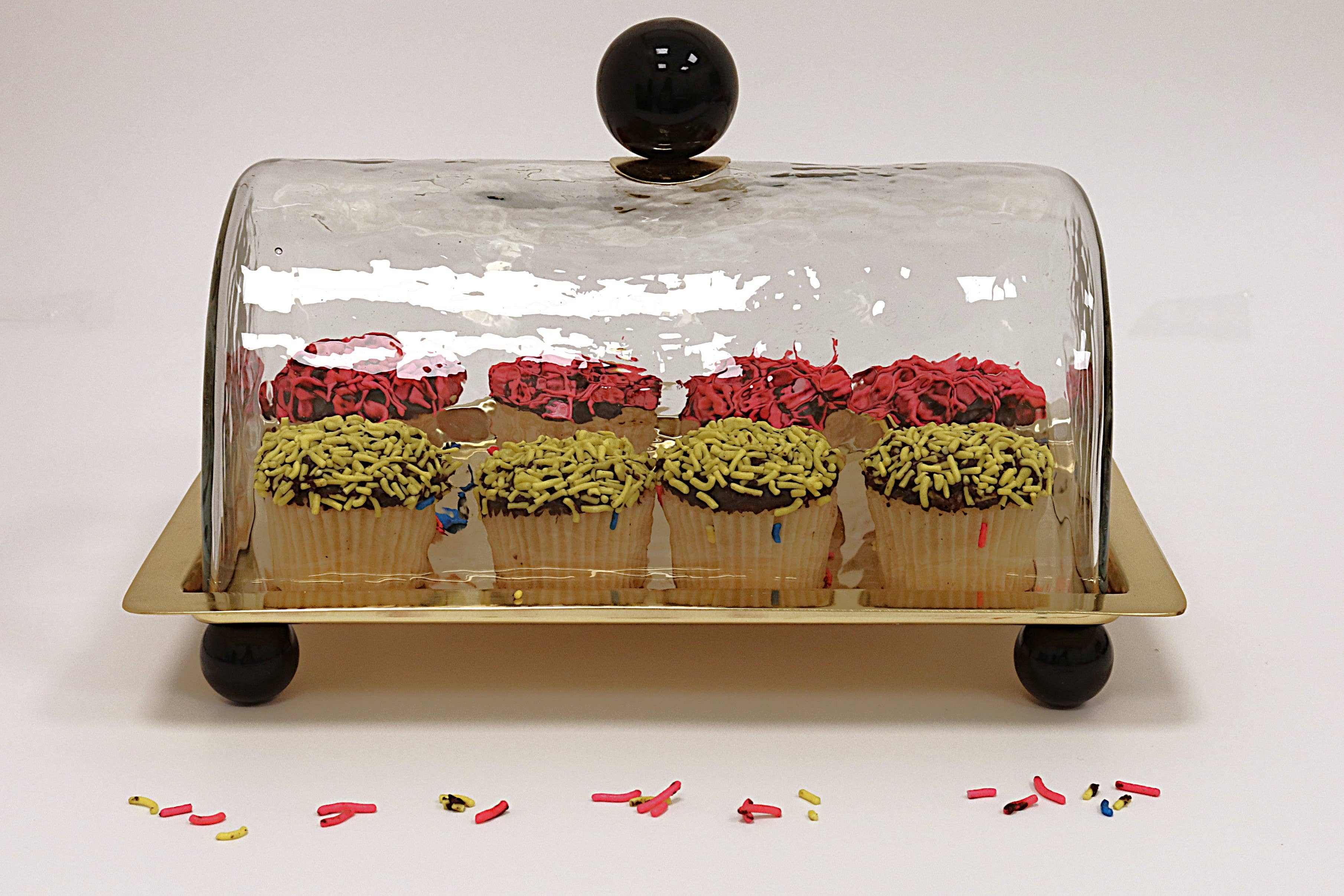 Rectangle Cake Dome Gold with Ball Knob - 10.2"L