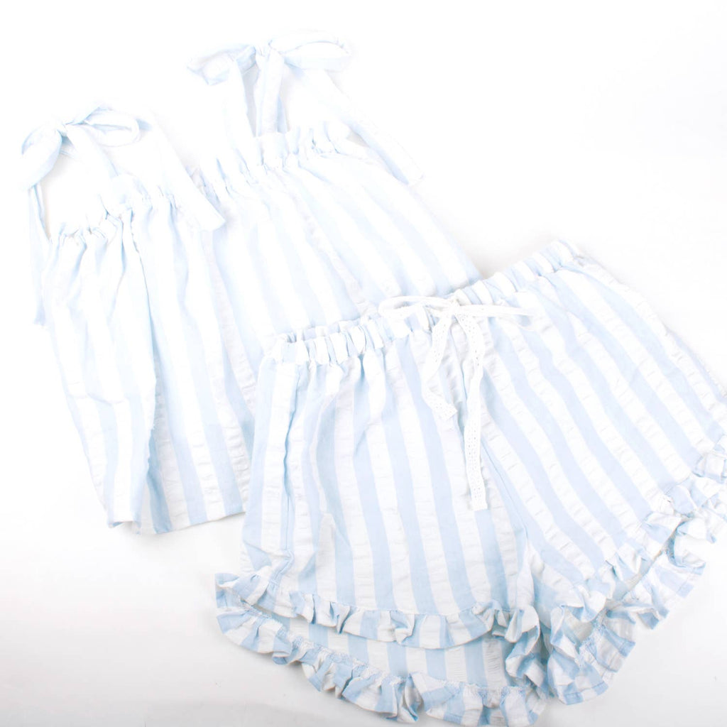 Blue & White Textured Tie Top Ruffle Sleep Set