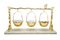 3 Hanging Bowls on Gold Branch and Bird Stand with Marble Ba
