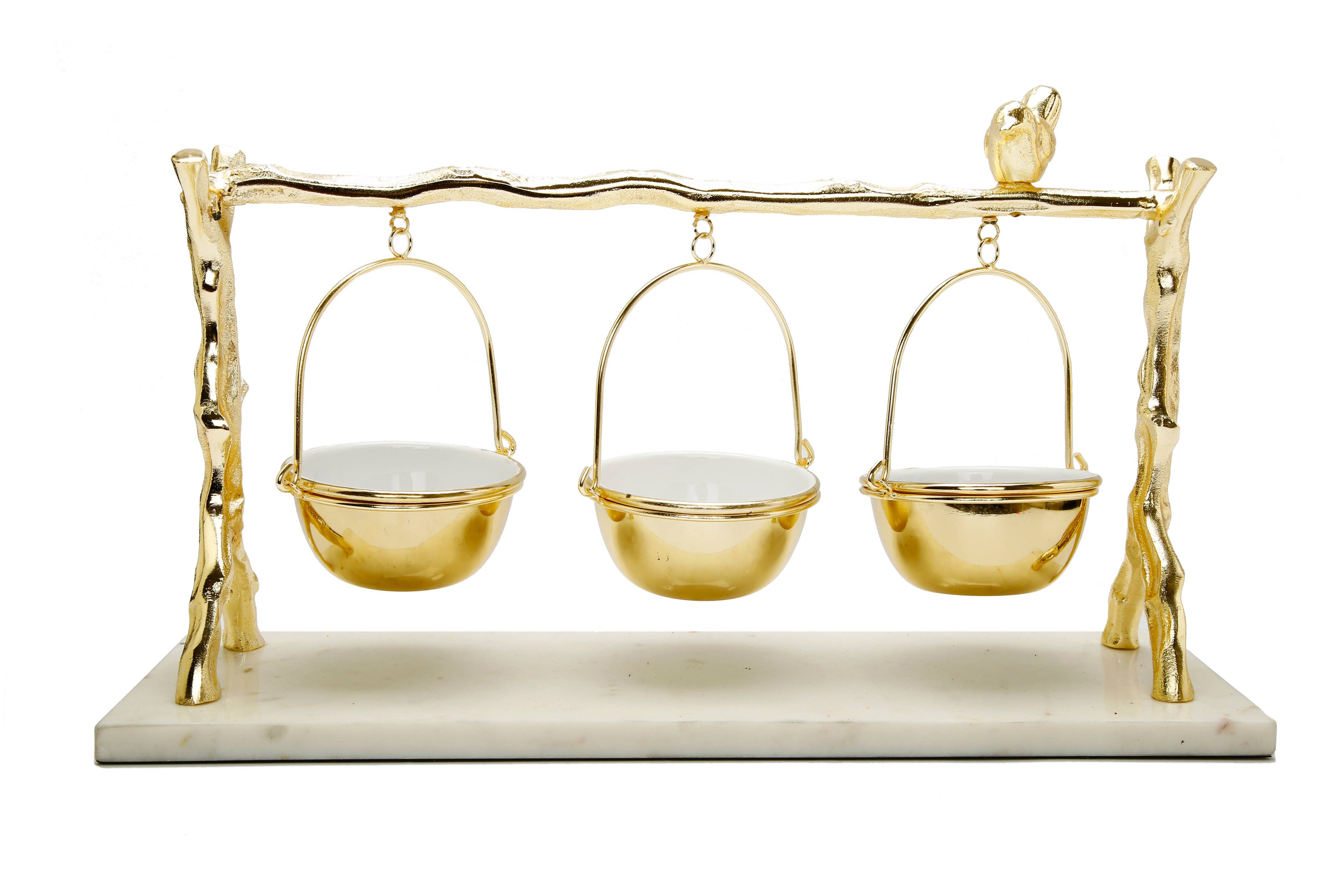 3 Hanging Bowls on Gold Branch and Bird Stand with Marble Ba