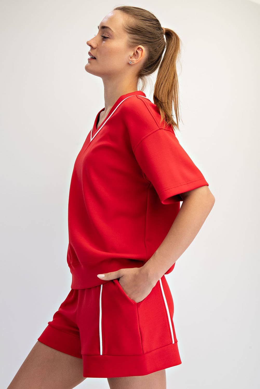 MODAL SCUBA V NECK FLAT PIPING SHORT SLEEVE TOP