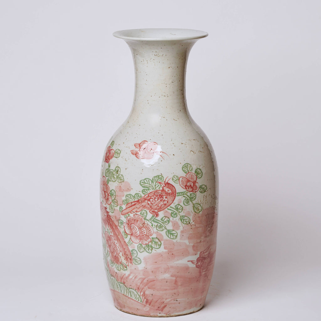 Large Pink and Green Bird and Flower Porcelain Mallet Vase