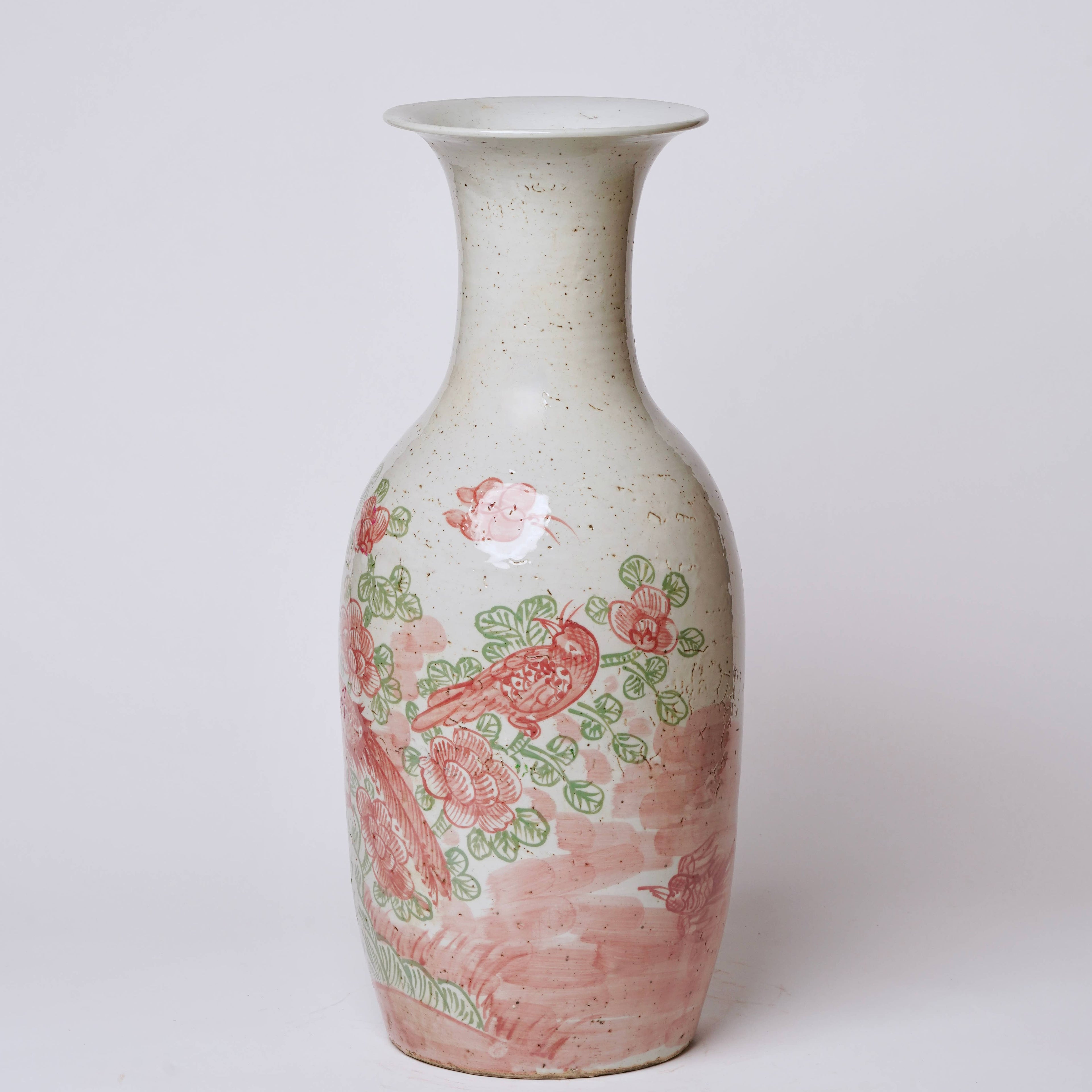 Large Pink and Green Bird and Flower Porcelain Mallet Vase