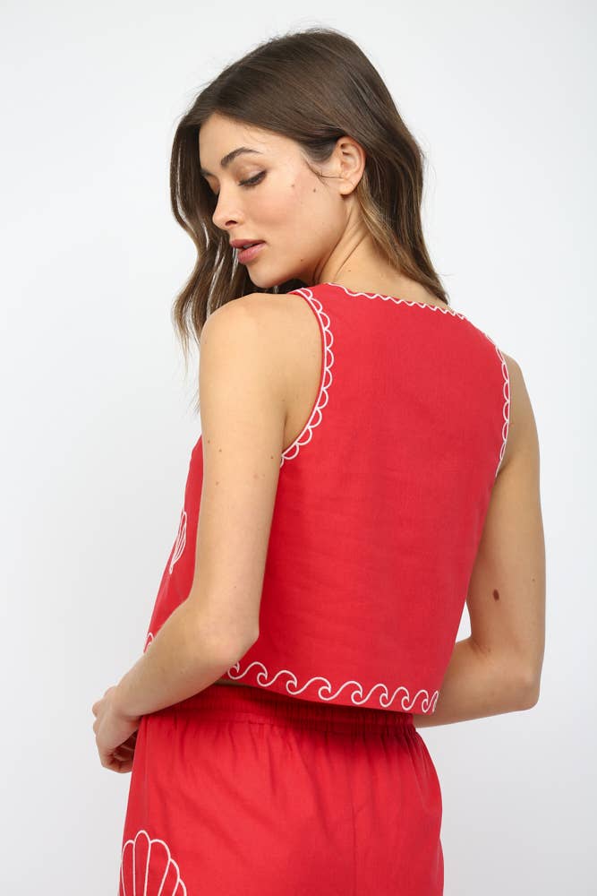 SHEA SHELL EMBROIDERED SQUARED NECKLINE CROPPED TOP FT21293