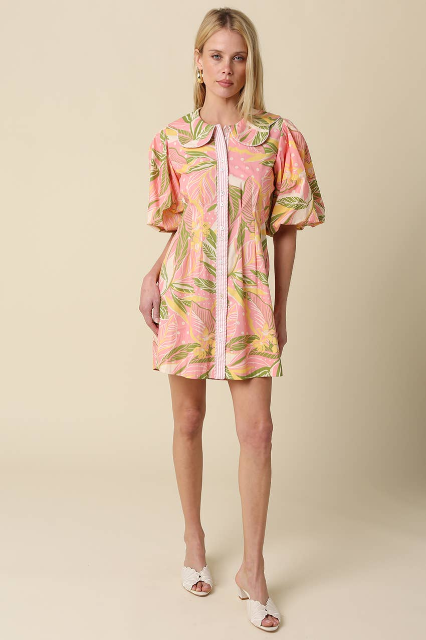 Nia Tropical Puff Sleeve Mini Dress