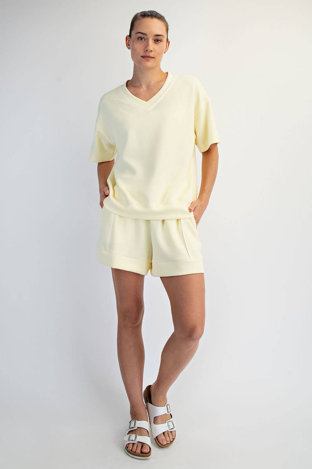 MODAL SCUBA V NECK FLAT PIPING SHORT SLEEVE TOP