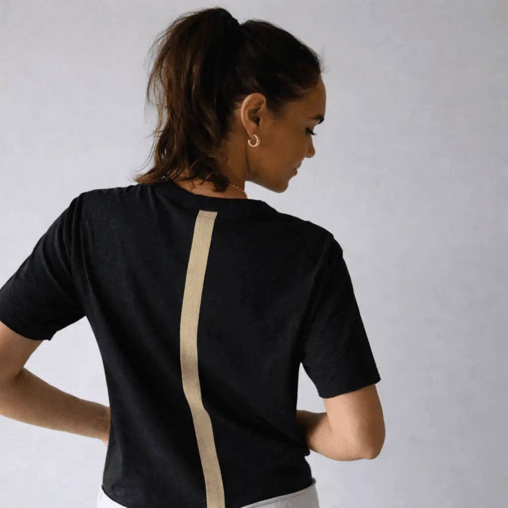 Relaxed Crew in Black with Oyster Stripe - Short Sleeve