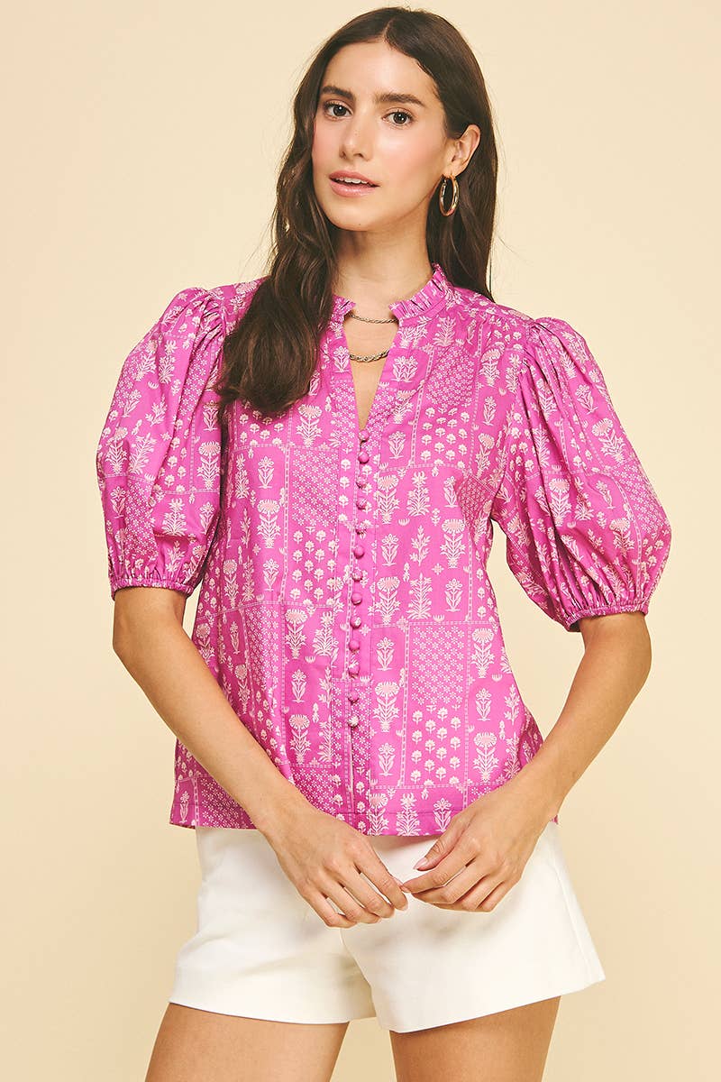 FLORAL BUTTON DOWN BLOUSE TOP - 6138TC
