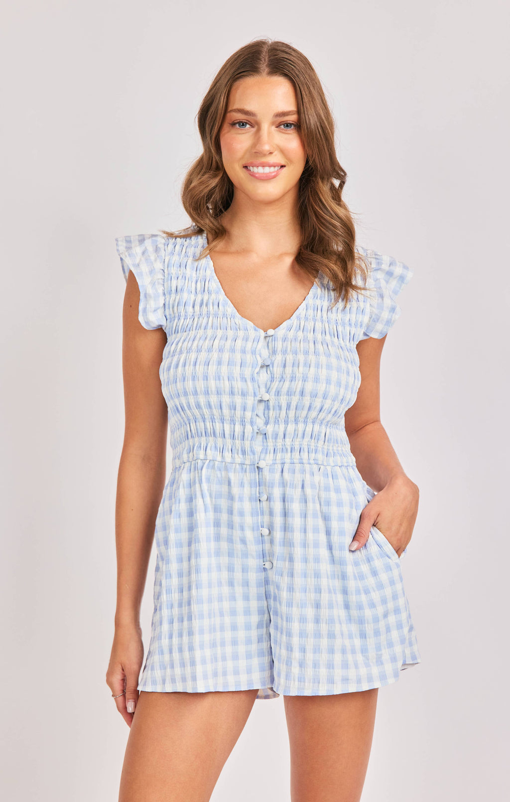 Starlet Gingham Romper:SKY BLUE