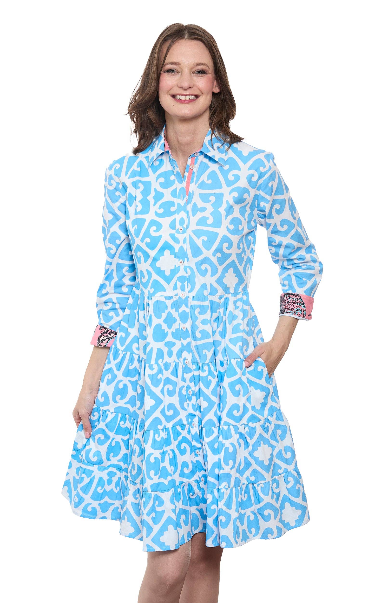 Delray Dress Cotton Sateen Blue White Geometric Print