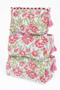 White with Red Floral print Quilted Cotton Toiletry Bag Set