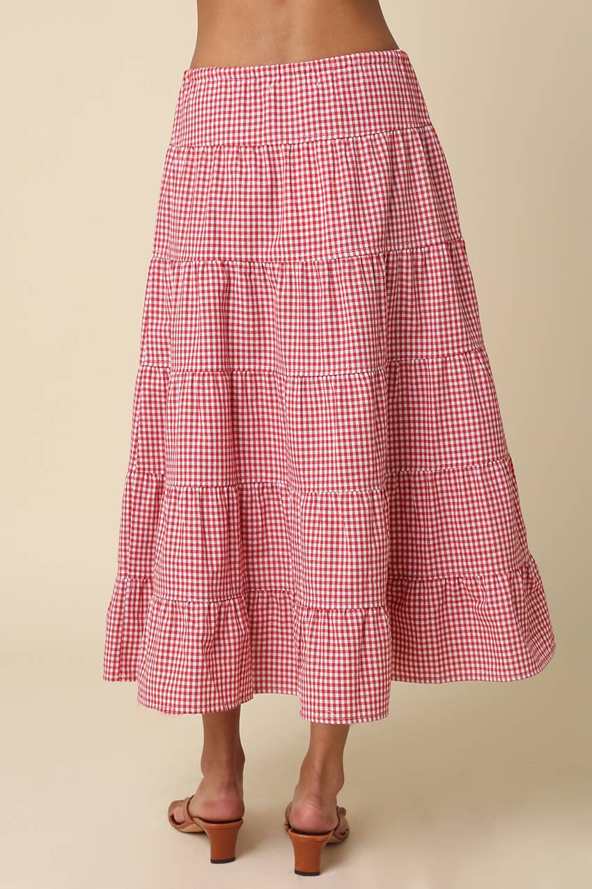Jasmine Gingham Drawstring Tiered Maxi Skirt
