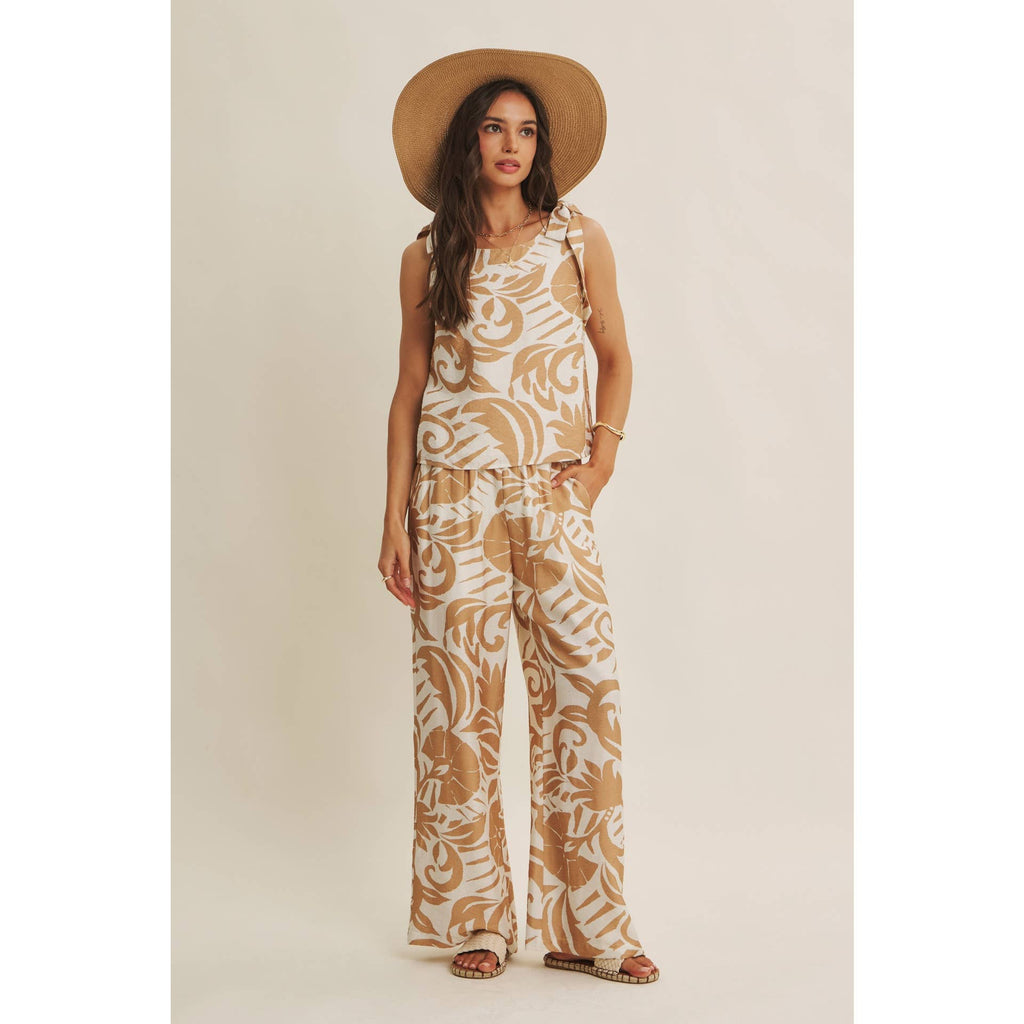 EURO SUMMER ISLAND FOLIAGE CLEAN NECK TOP WITH TIE STRAPS