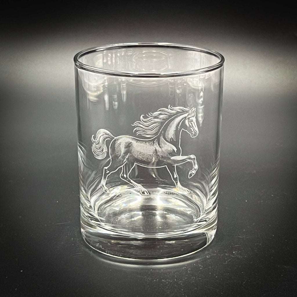 Double Old Fashioned Glass - 14 oz Horse Design Custom Etched Glass Tumbler
