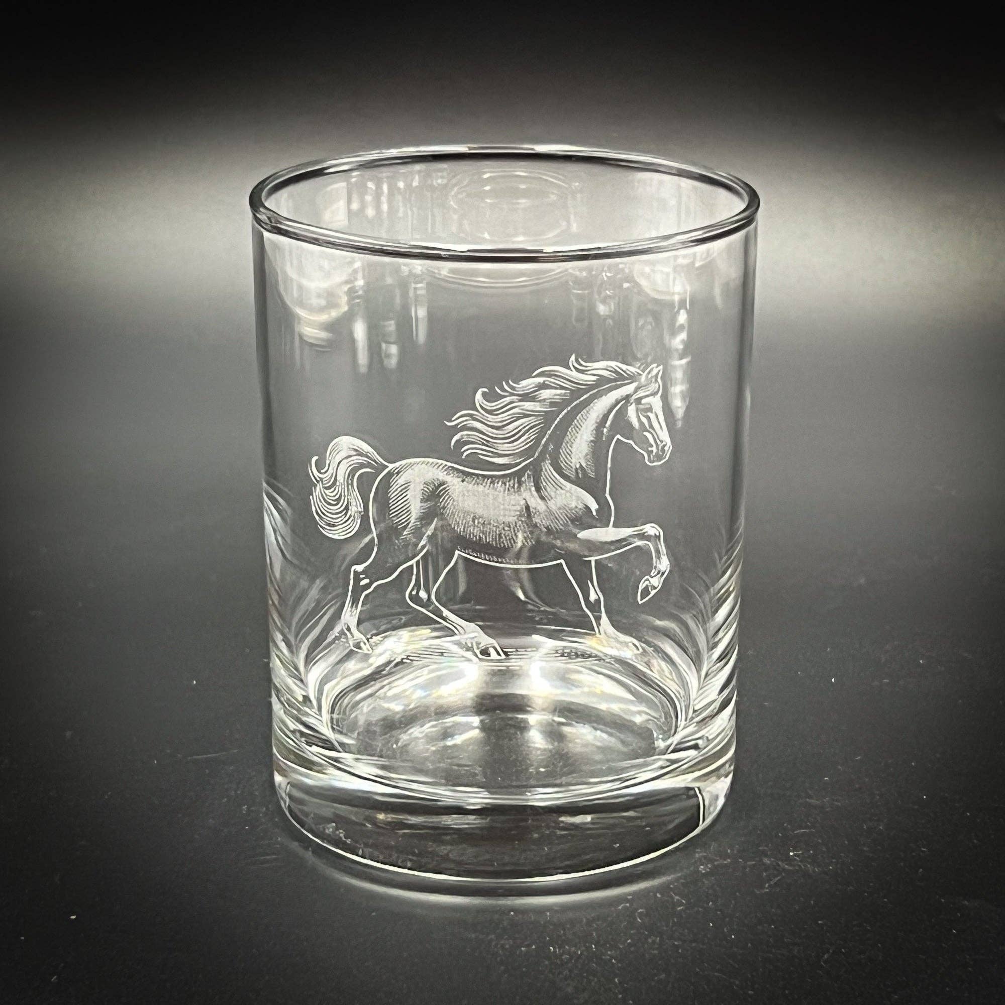 Double Old Fashioned Glass - 14 oz Horse Design Custom Etched Glass Tumbler