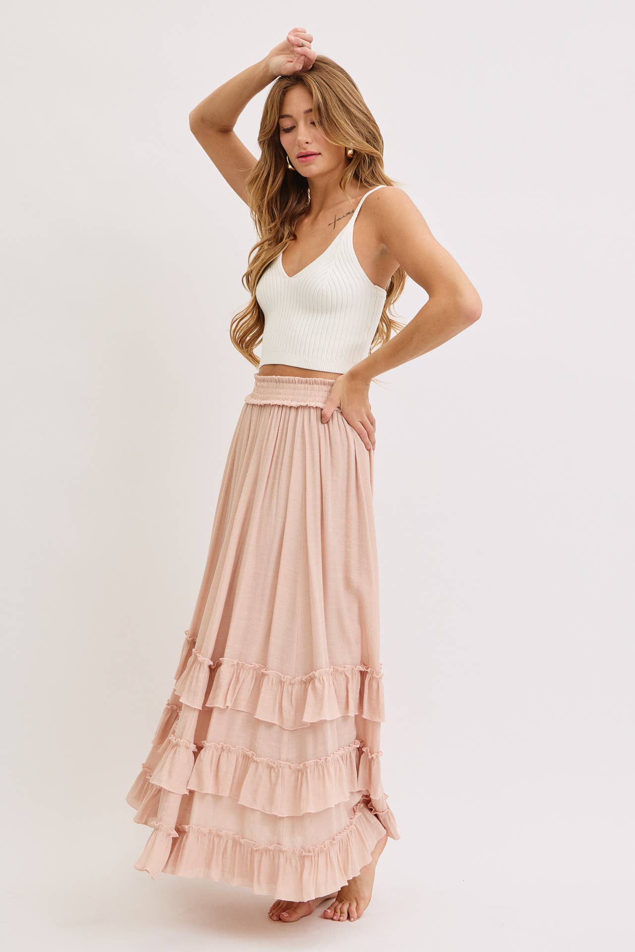 EASY FLOWY TIERED RUFFLE MAXI SKIRT