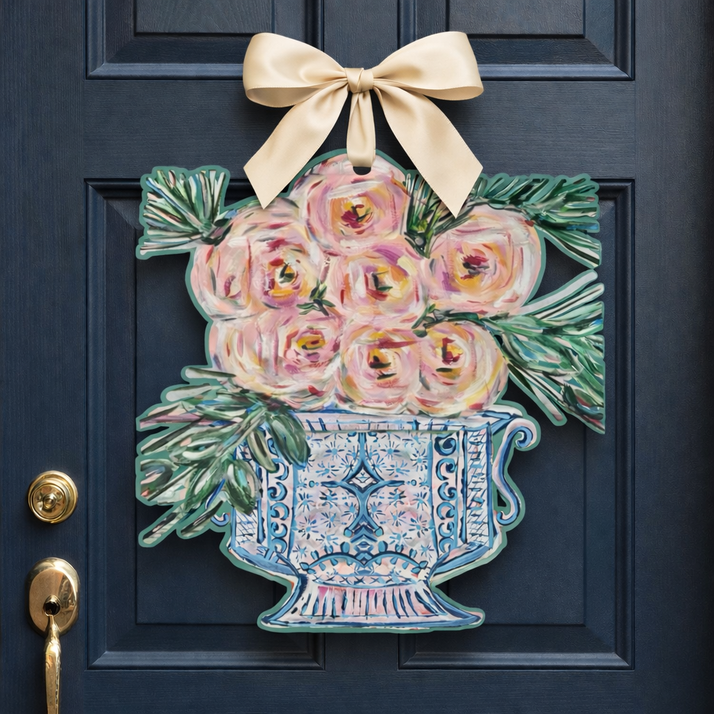 LARGE Designer Pink Roses in Ginger Jar Door Hanger