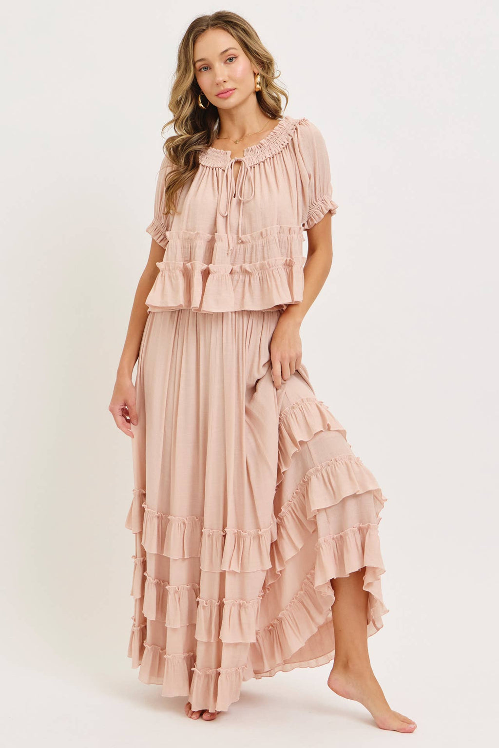FLOWY SHORT SLEEVE TIERED RUFFLE LAYER TOP