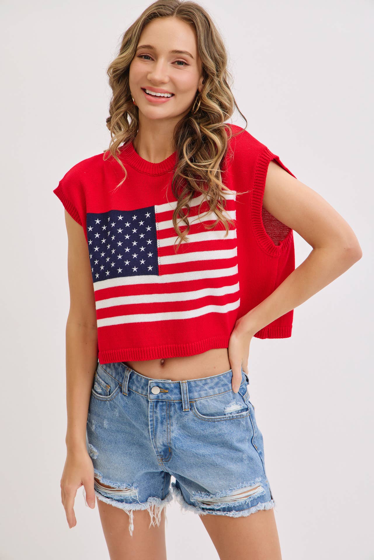 PATRIOTIC AMERICAN FLAG KNIT  STAR AND STRIPES TOP