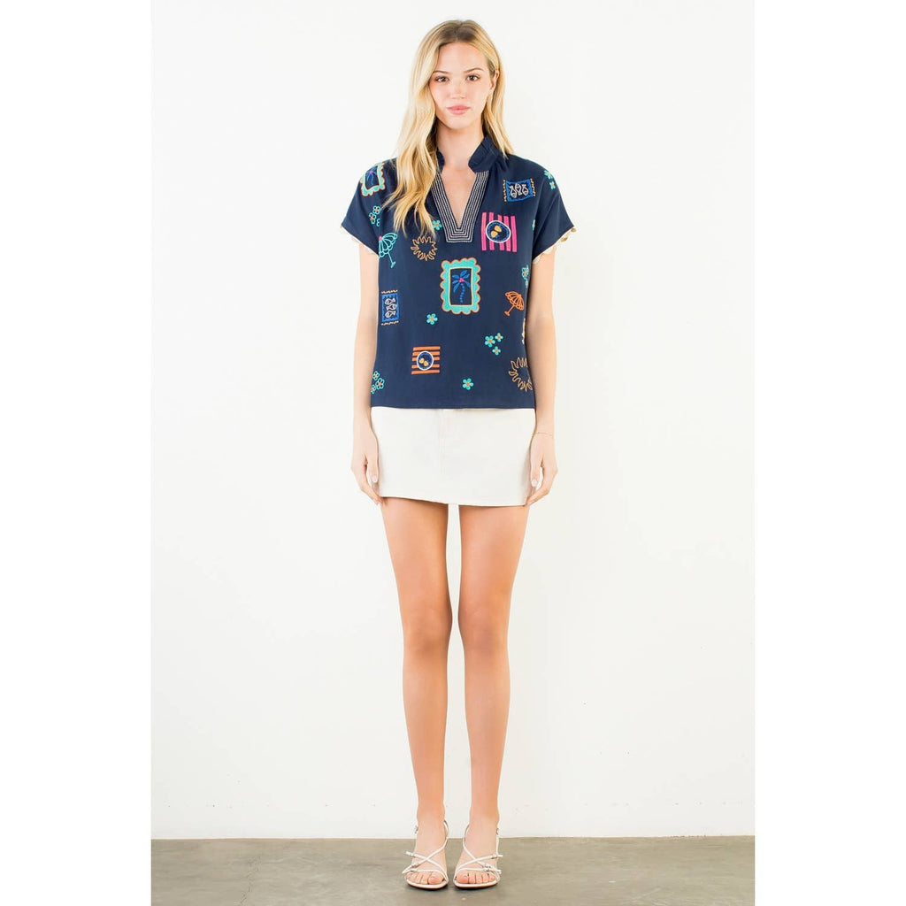 Short Sleeve Embroidery Detail Top