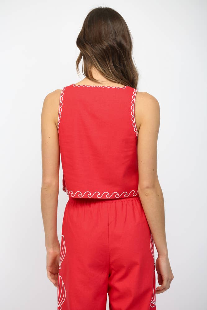 SHEA SHELL EMBROIDERED SQUARED NECKLINE CROPPED TOP FT21293