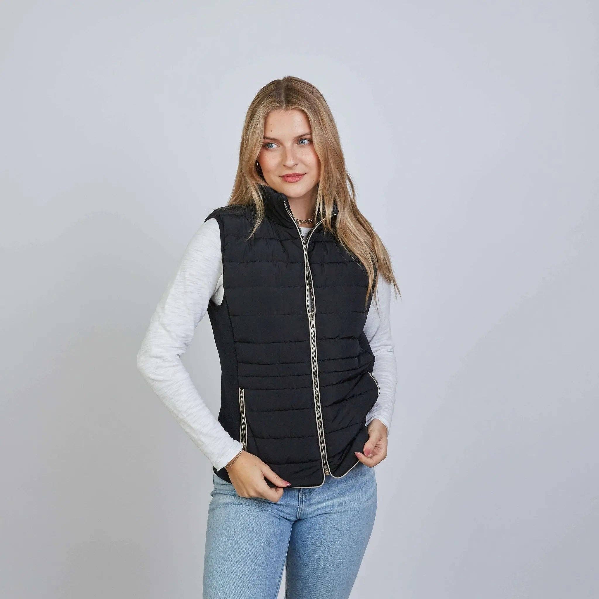 The Icon Perfect Fit Puffer Vest in Black & Khaki