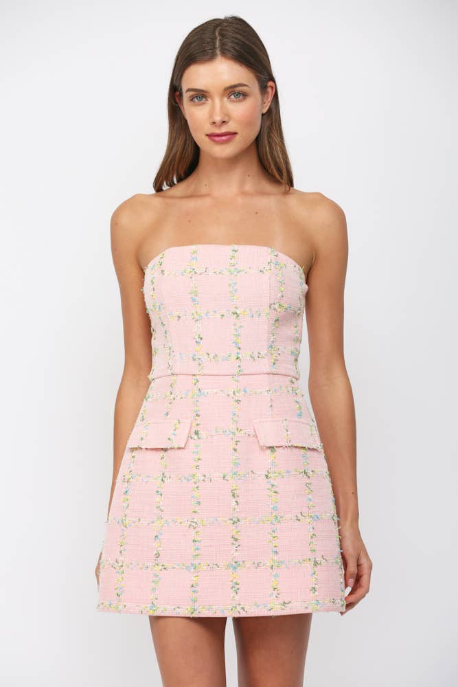 STRAPLESS TWEED DRESS WITH FRONT FAUX POCKETS  FD31394