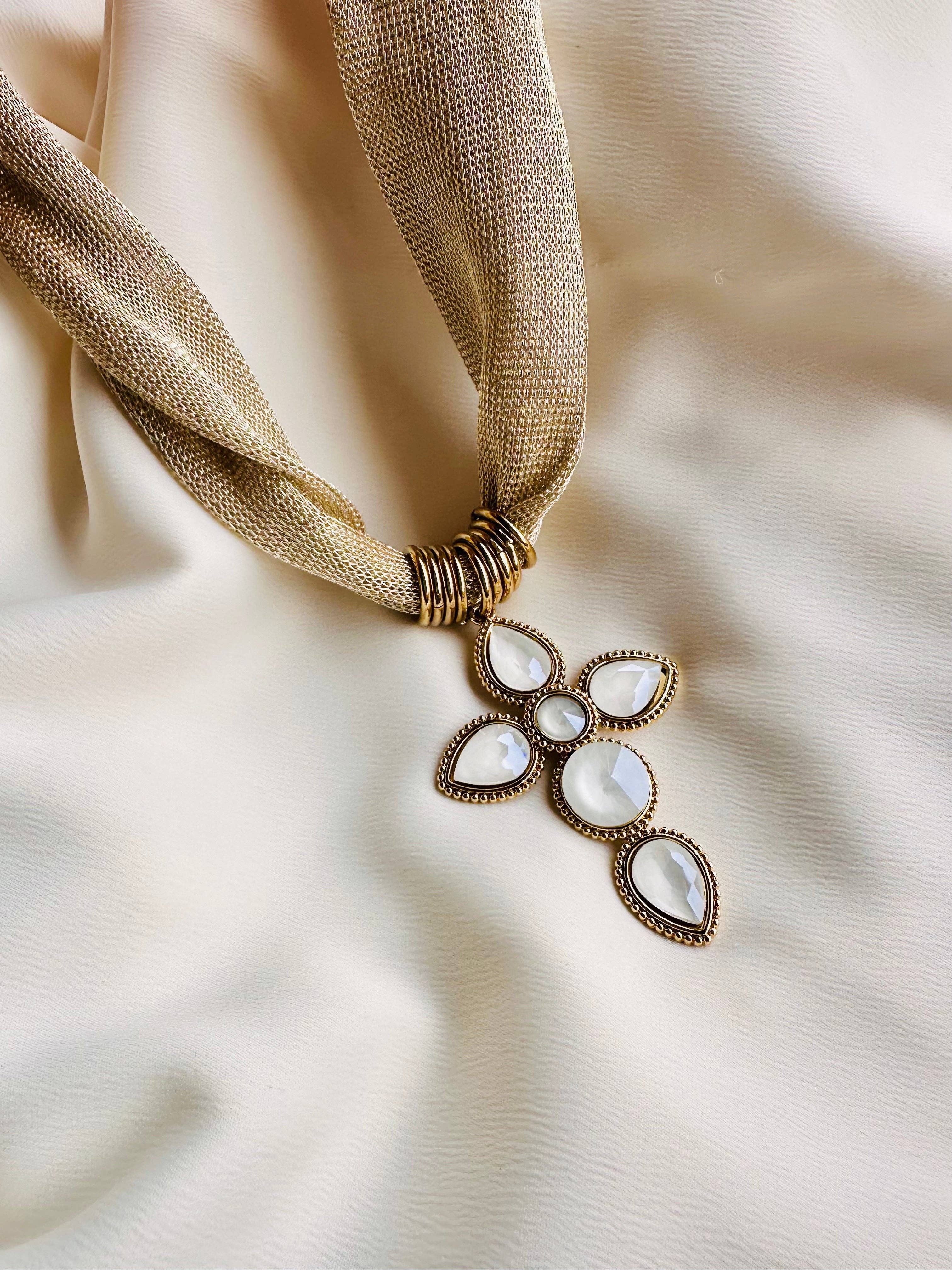 White Cross Scarf Necklace