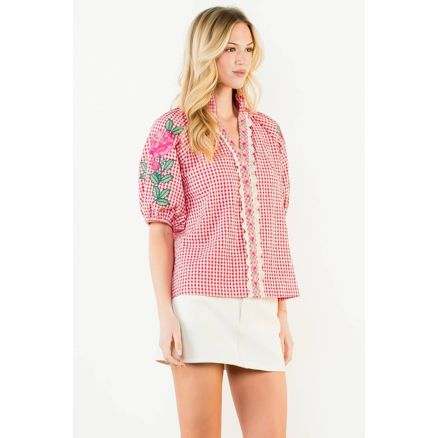 Embroidery Detail Puff Sleeve Gingham V-Neck Top