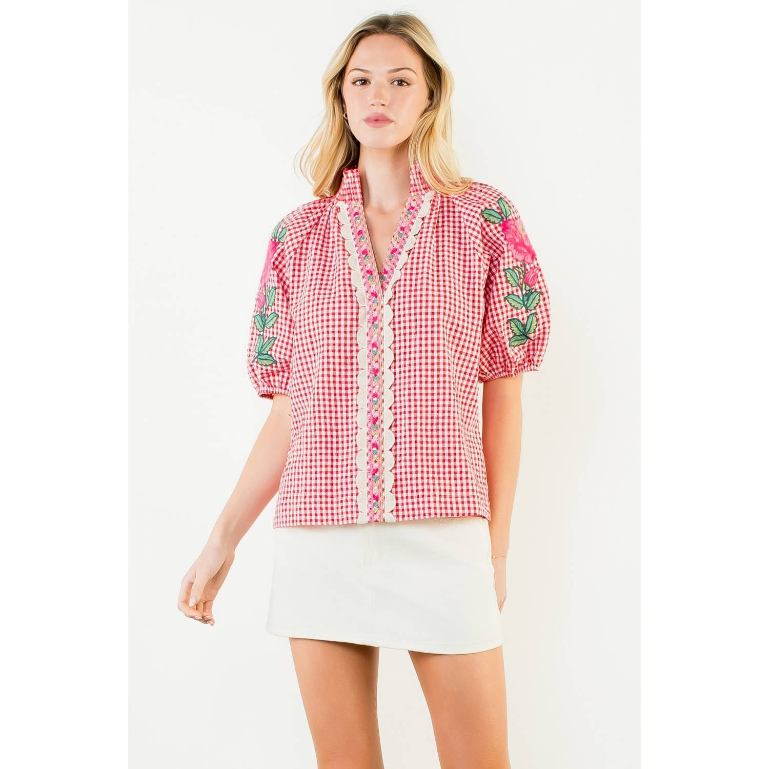 Embroidery Detail Puff Sleeve Gingham V-Neck Top